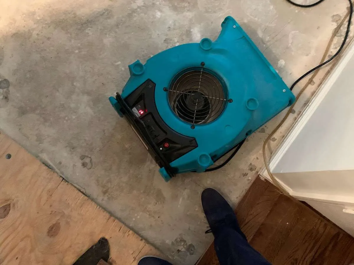 Air mover drying subfloor during Leak Detection & Repair in South Hanover
